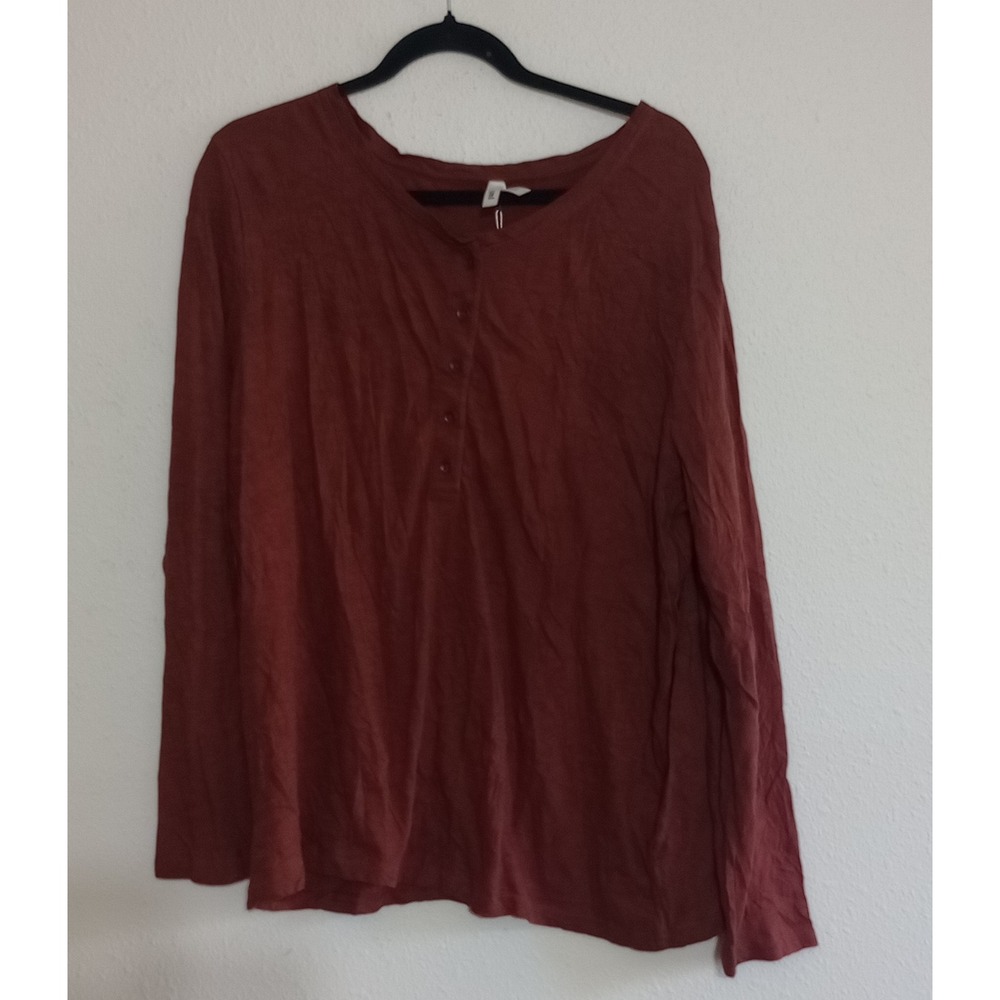 Pact Mahogany Featherweight Slub Henley XL Organic Cotton Long Sleeve Top NWT